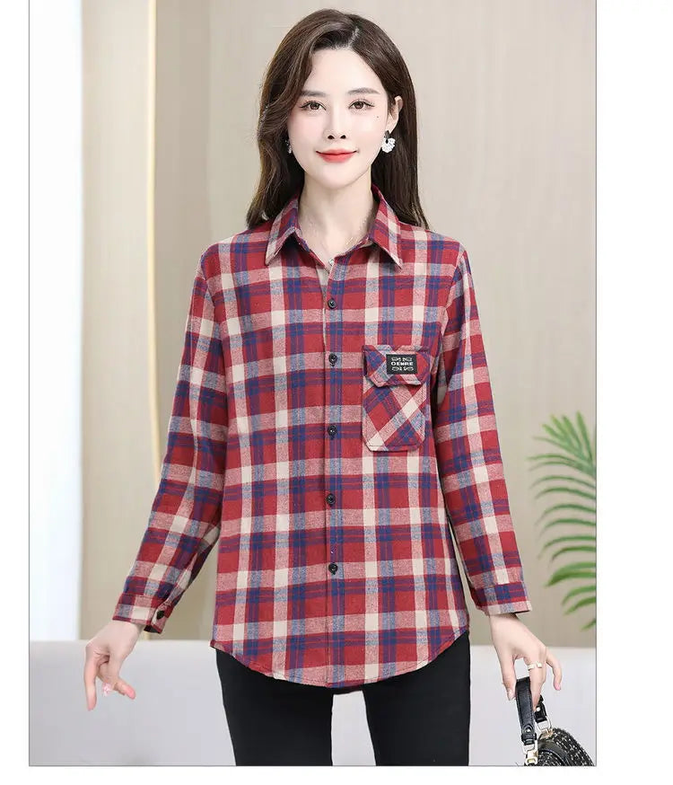 Loose Long Sleeve Mom Shirt Women's New Style Slimming Age-Defying Outerwear Versatile Early Autumn Plaid Outfit  Collar