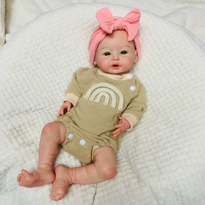 18 Inch Full Soft Silicone Reborn Girl Doll, Open Mouth Newborn with Pink Bow Headband, Real Touch Handmade Collectible Gift Toy