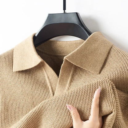 New Men's Shirt Collar Sweater, Business Slim Cashmere Textile Polo Top, Gentleman Thickened Warm and Simple Fashion Pullover