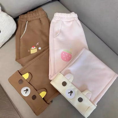 Cute Bear Hooded Zipper Jacket Sweatshirt Set Long Sleeve Autumn Winter Outfit Straight Leg Pants Medium Length Skirt