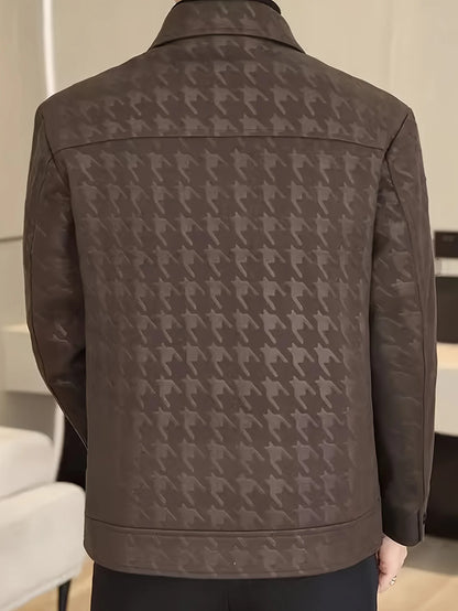Houndstooth Business Men's Leather Jacket Pu Lapel Multi-Flap Pocket Pants
