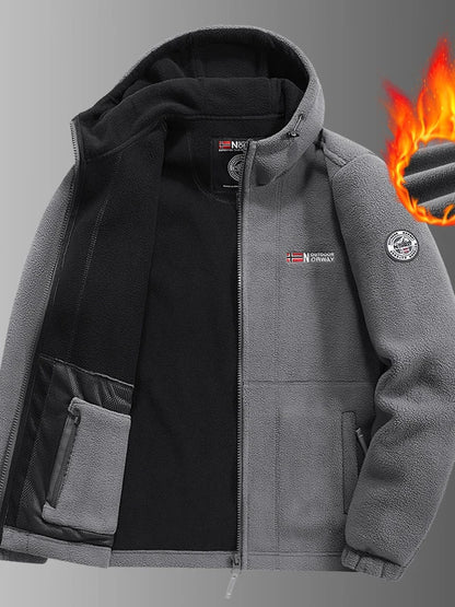 Men's Thickened Fleece Jacket Autumn Winter Double-sided Lamb Fur Hooded Coat Outdoor Windproof Zipper Short Style Polyester
