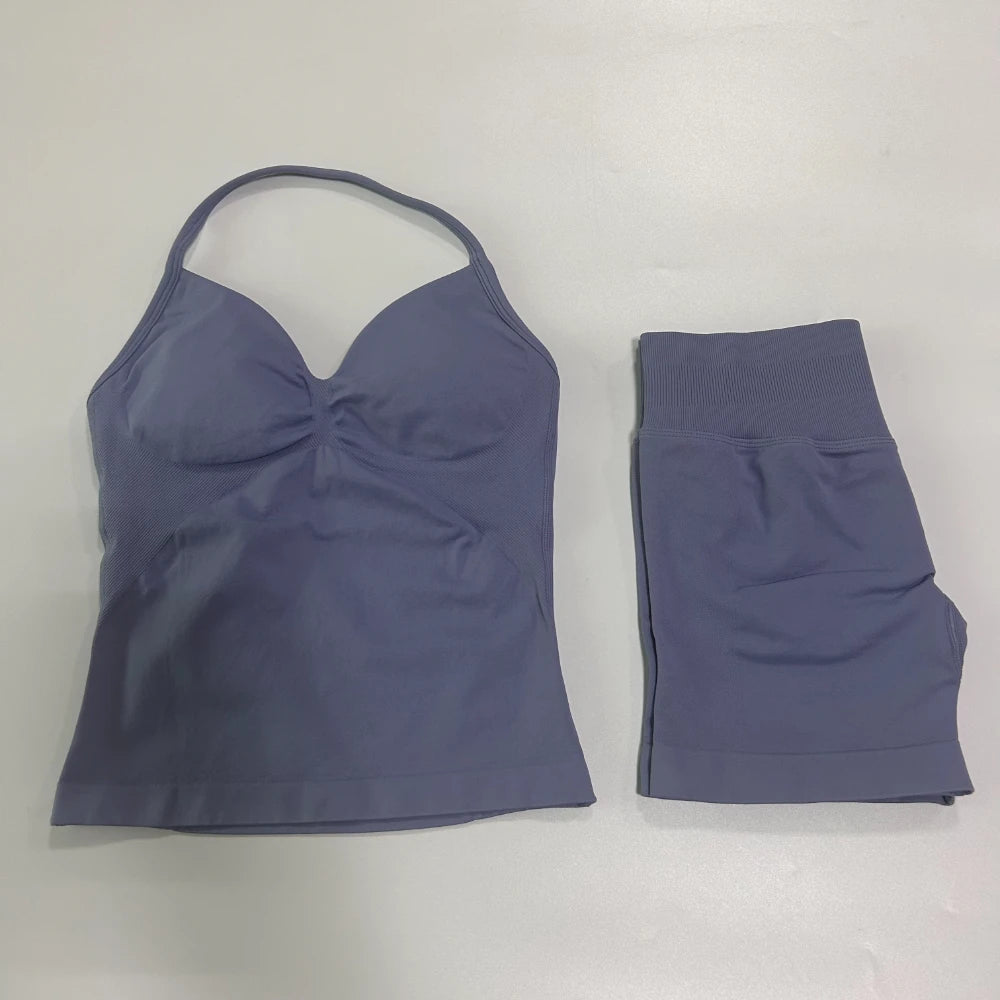 2 Pieces Sports Set Women Backless Tank Yoga Tops High Waist Scrunch Seamless Shorts Sport Gym Set Sportswear Workout Set