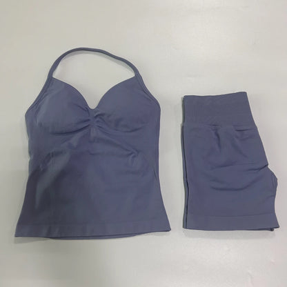 2 Pieces Sports Set Women Backless Tank Yoga Tops High Waist Scrunch Seamless Shorts Sport Gym Set Sportswear Workout Set