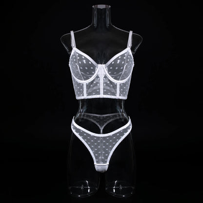 Ellolace Polka Dot Sensual Lingerie Transparent Lace Set Women 2 Piece Seamless Bilizna Set See Through Sexy Black Intimate