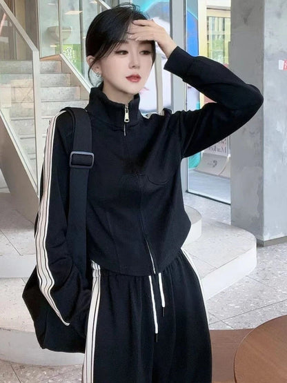 Fashionable Sportswear Set Women's Stand Collar Sweatshirt Slimming Two-Piece Suit Korean Style Commute High Waist Long Pants