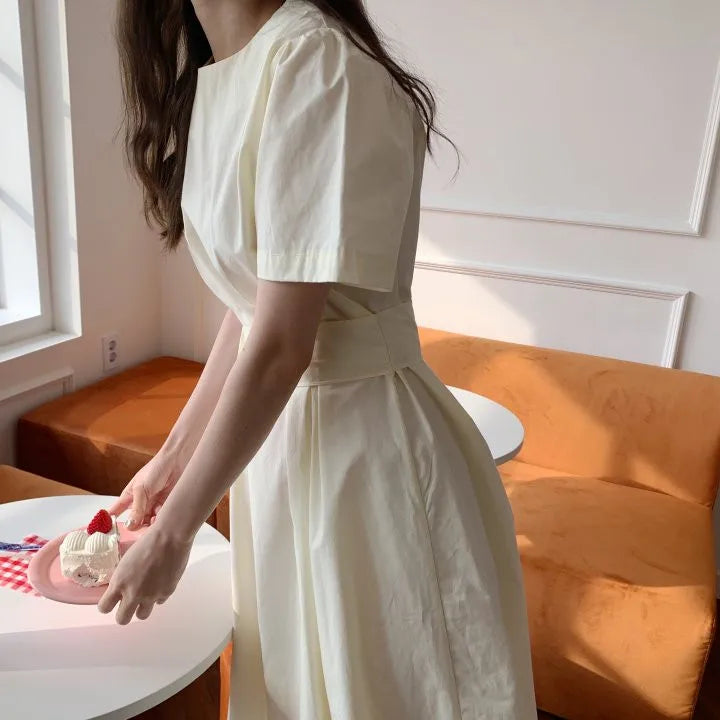 Elegant Pure Color Slim Fit Dress with Belt High Waist Spring Summer Autumn Short Sleeve Casual High Waist Skirt