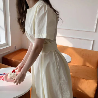 Elegant Pure Color Slim Fit Dress with Belt High Waist Spring Summer Autumn Short Sleeve Casual High Waist Skirt