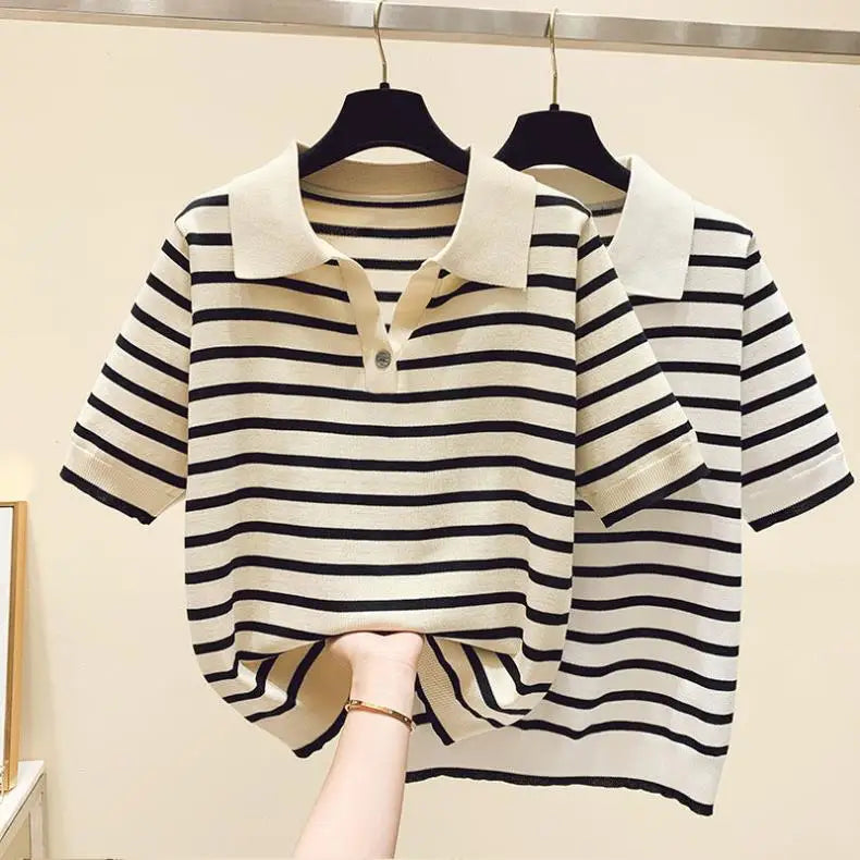 Loose Fit Ice Silk Knitted Short Sleeve T-Shirt Women's Summer Button up Top Slimming Striped  Neck Design plus Size