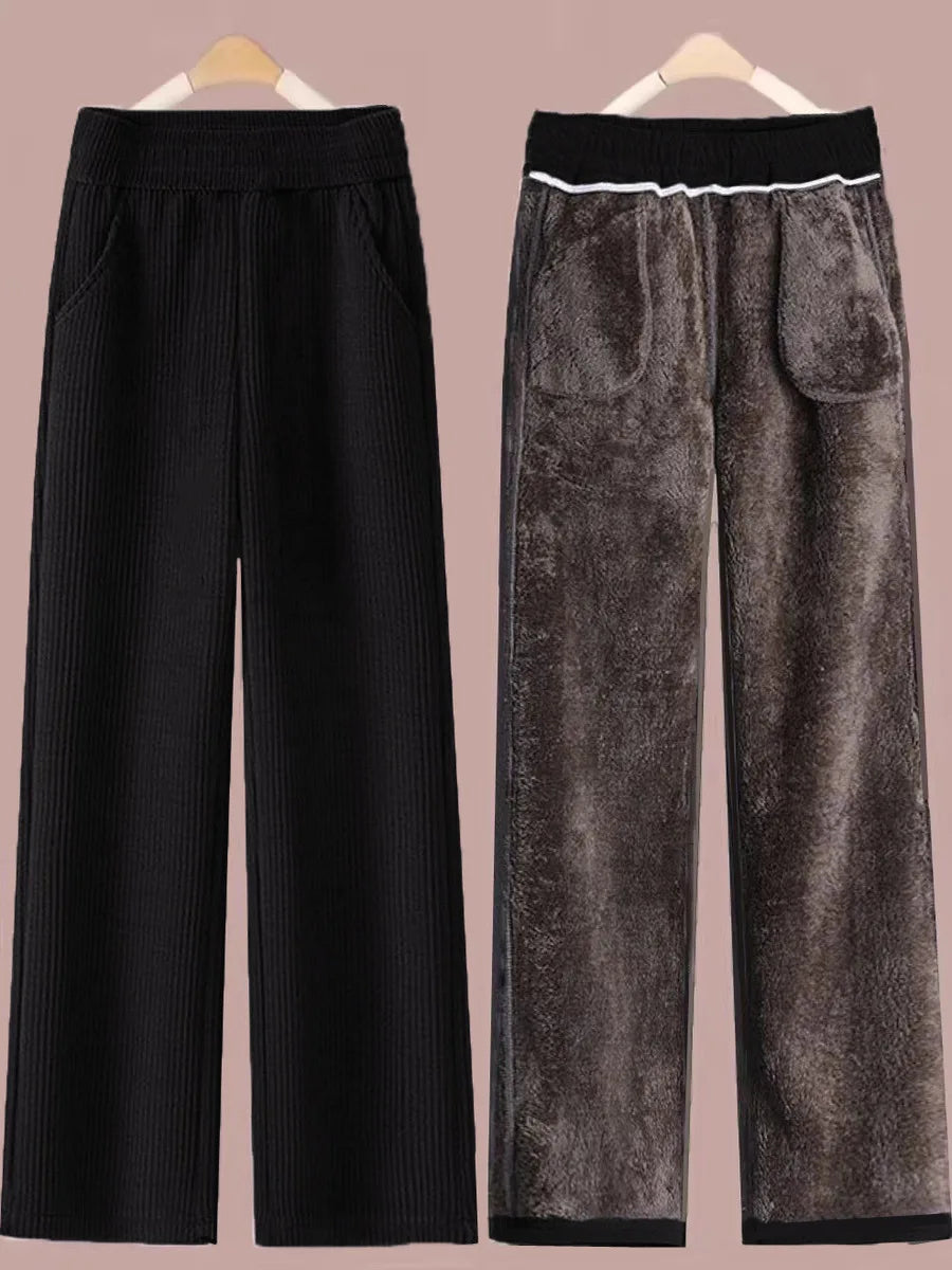 Fleece Lined Thick Corduroy High Waist Wide Leg Pants Women's Autumn Winter New Style Drapey Mom Straight Leg Trousers Trendy