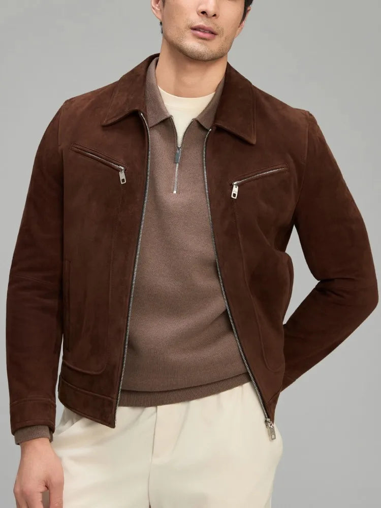 Retro Casual Long Sleeves Lapel Genuine Leather Jacket High Quality Solid Color Male Zipper Slim Sheepskin Suede Outerwear
