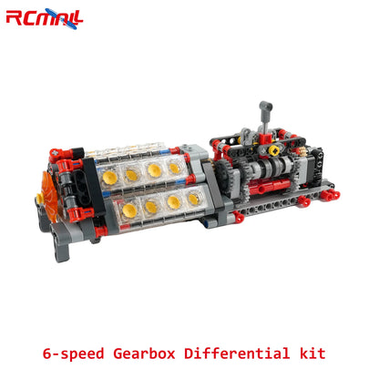MOC 6-speed Gearbox Differential Gears Technology Building Blocks Parts Transmission V16 Engine Assembly Bricks M/L Motor