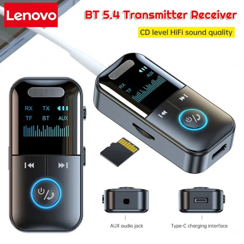 Lenovo Bluetooth 5.4 Aux Adapter Audio Receiver Transmitter 3.5mm LED Display for Car/Home Stereo/Wired Headphones/Speaker/TV