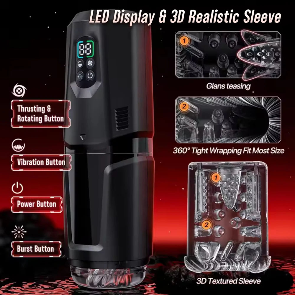 Automatic 360 ° Rotating Thrusting Male Masturbator Licking Penis Vibrator LCD Display Stroker Pocket Pussy Sex Toys for Men
