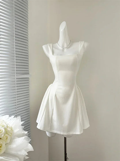 Elegant Korean Fashion Summer Evening Party Red U-neck Sling Dress Lady Casual High Waist Sleeveless Strap Mini Dress for Women