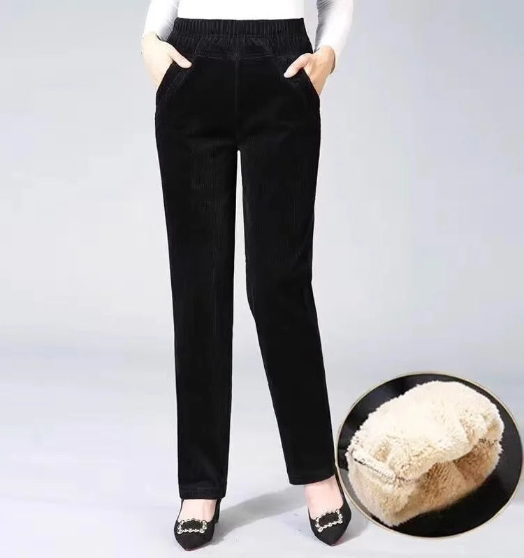 Thickened Fleece Corduroy Pants High Waist Harlan Style Winter 2024 New Women's Casual Trousers Elastic Waist Pocket Detail