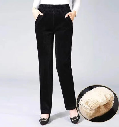 Thickened Fleece Corduroy Pants High Waist Harlan Style Winter 2024 New Women's Casual Trousers Elastic Waist Pocket Detail