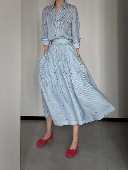 Blue Striped Linen Set Women's Long Sleeve Heart Print Blouse Half Skirt Two Piece Set Summer Fashion Ensemble for Young Women