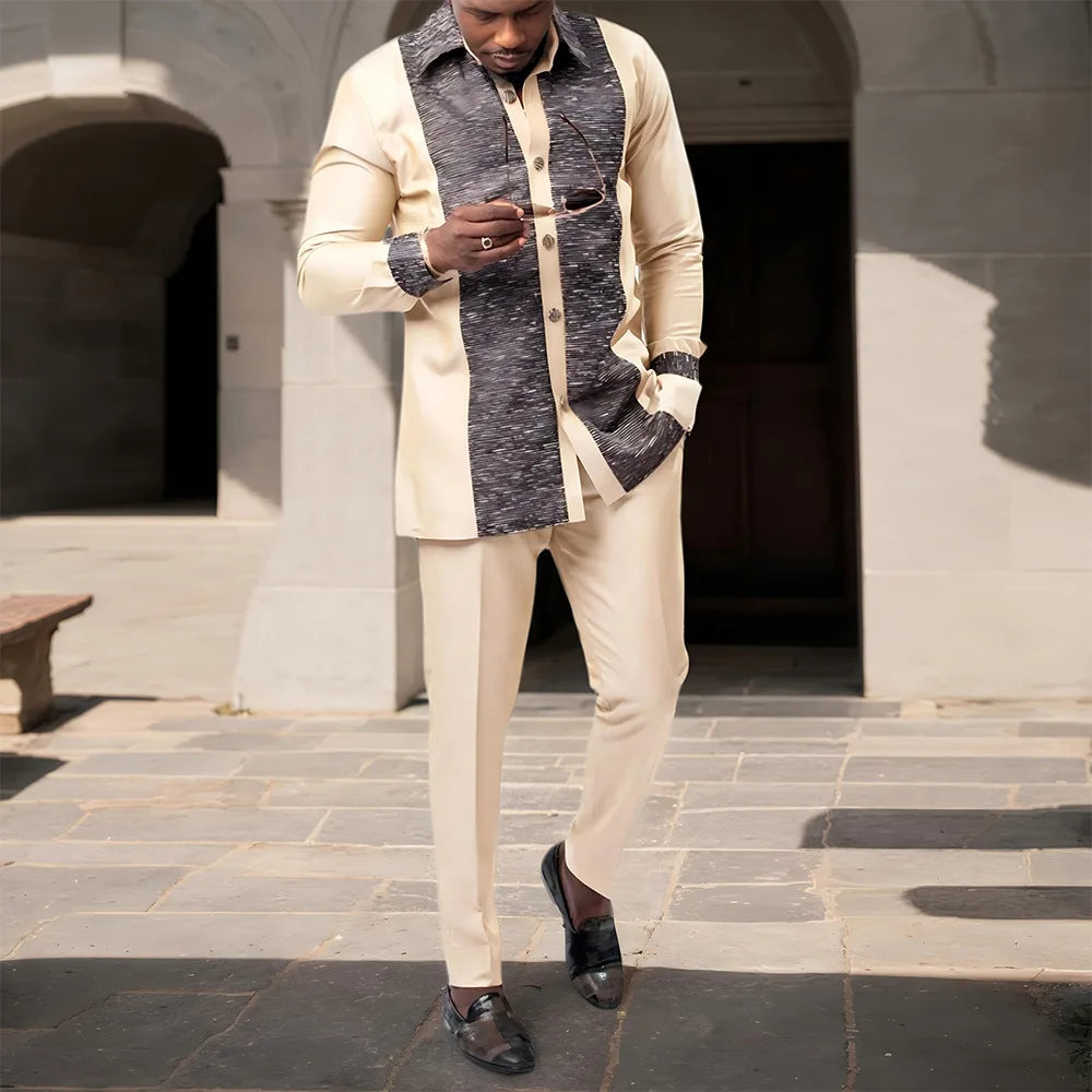 Fashionable Ethnic Embroidered Long Sleeve Long Pants Suit for Men New 2026 Style Summer Season round Neck Single Button Closure