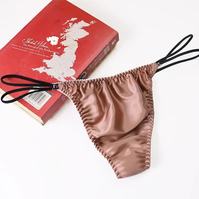 2pcs/lot Real silk low-waist men underwear personality trend men thong silk stretch briefs sexy double T pants
