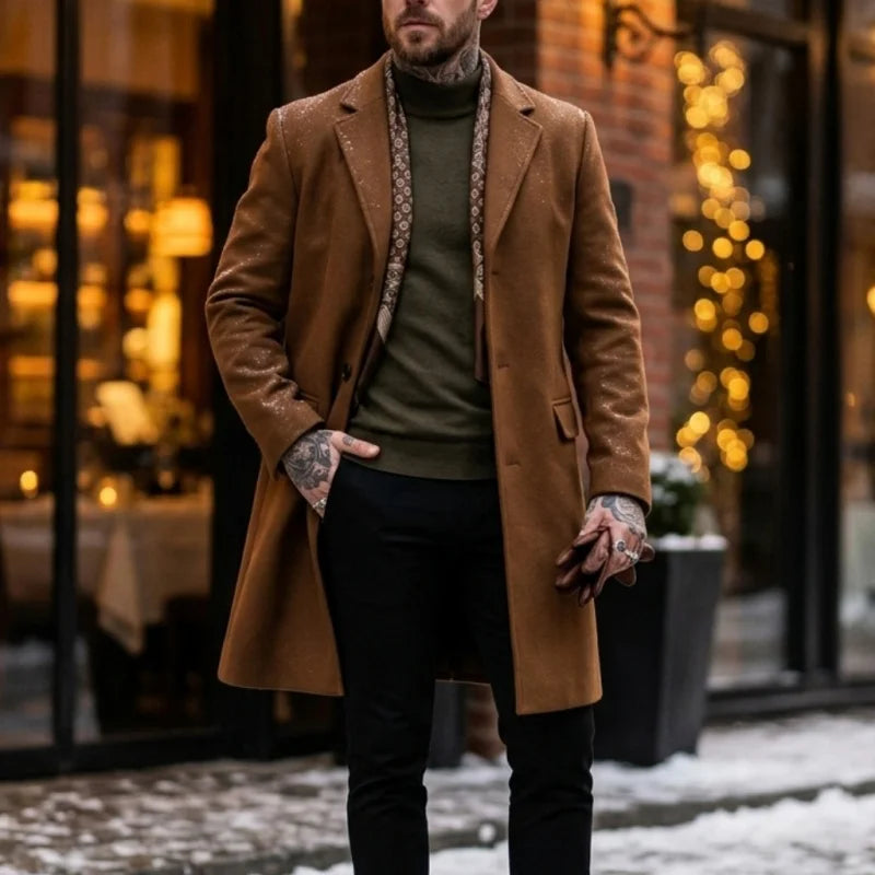 New Winter Men's Wool Blend Extended-Length Trench Coat Single-Breasted Design Business Casual & Mature Streetwear Coat for Man