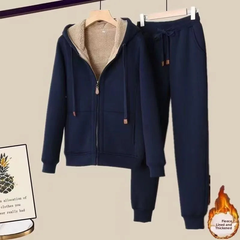Thickened Fleece Winter Sportswear Set Women's Long Sleeve Hoodie Jacket And Pants Casual Slimming Pure Color Trendy Short Coat