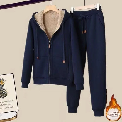 Thickened Fleece Winter Sportswear Set Women's Long Sleeve Hoodie Jacket And Pants Casual Slimming Pure Color Trendy Short Coat