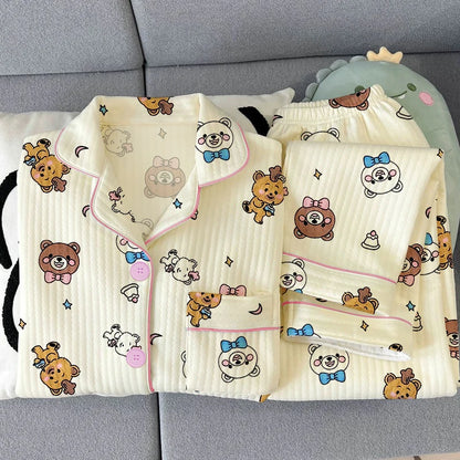 Thickened Air Cotton Sleepwear Set for Women Lazy Bear Cartoon Design Long Sleeve Long Pants Home Clothes Autumn Winter