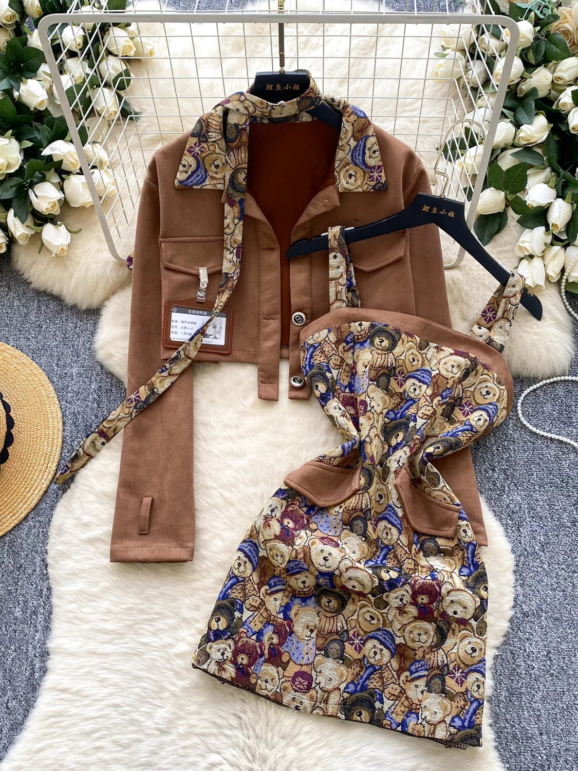 Ele Bear Embroidery Blouse And Skirt Set Women's Faionable ort Svel Suit Jaet High Waist Casual Workwear
