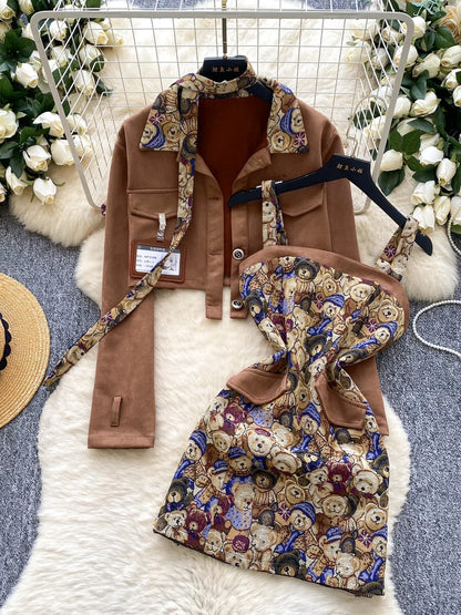 Ele Bear Embroidery Blouse And Skirt Set Women's Faionable ort Svel Suit Jaet High Waist Casual Workwear
