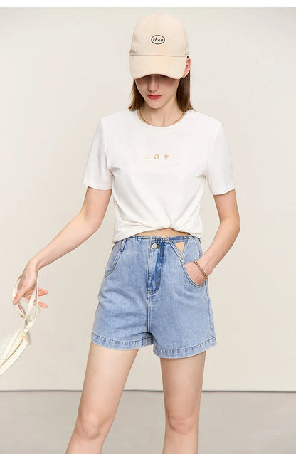 Amii Minimalist T-shirt Women's Tops O-neck Short Sleeves Geometric Decoration Antibacterial Cotton Elastic Casual Tees 12521088