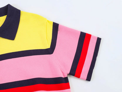 Fashionable Striped Knitted  Shirt Women's Loose Fit Business Casual Short Sleeve Classic Pattern Polyester Fiber