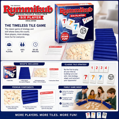 Rummikub Six Player Tile Strategy Board Game with Blue Racks Number Logic Family Party English Version
