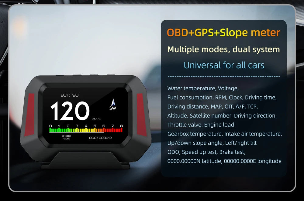 Head up Display OBD + GPS Car Water Temperature Turbo Oil Temperature Multi-function Meter LCD Display Automotive Speed Alarm