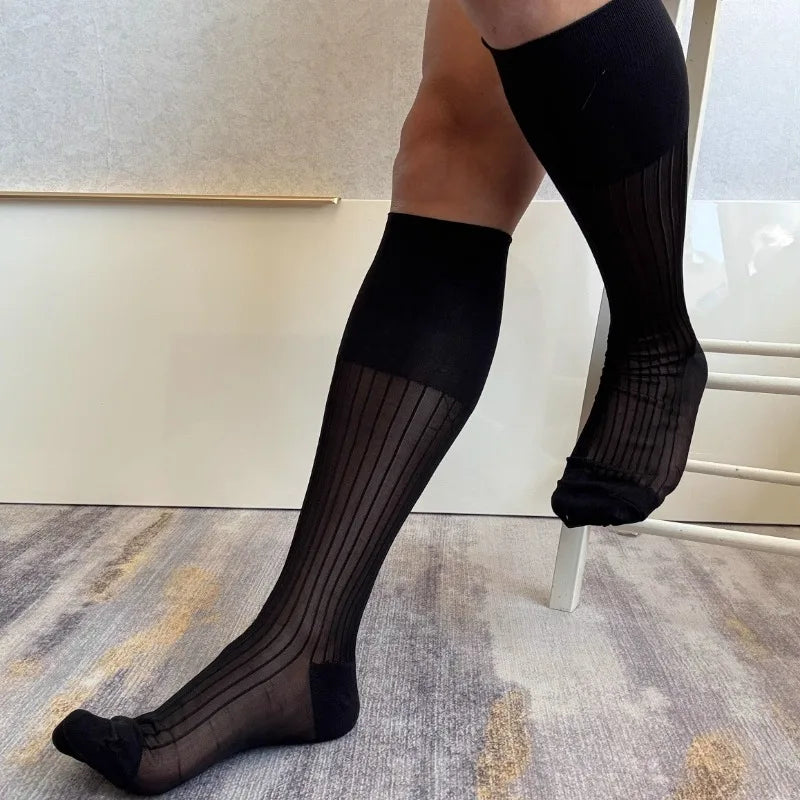 Brand Man Socks Men Transparent Sexy Stockings Ultra-thin Hight Tube Socks Sheer Elastic Striped Business Socks Formal Stockings