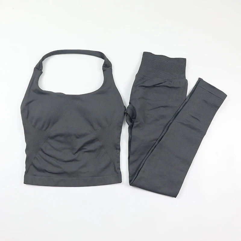 Women's Halter Neck Backless Yoga Set Seamless 2-Piece Outfit Ribbed High-Waist Scrunch Shorts Butt Lifting Gym Pilates Fitness