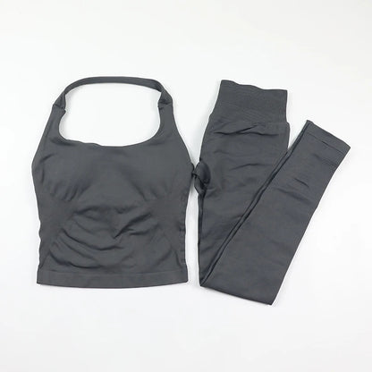 Women's Halter Neck Backless Yoga Set Seamless 2-Piece Outfit Ribbed High-Waist Scrunch Shorts Butt Lifting Gym Pilates Fitness