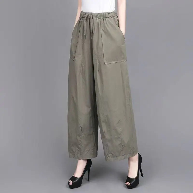 High Waist Wide Leg Pants Women Loose Slimming Nine Points Casual Pants plus Size Versatile Midlife Mom Pants Commute Style