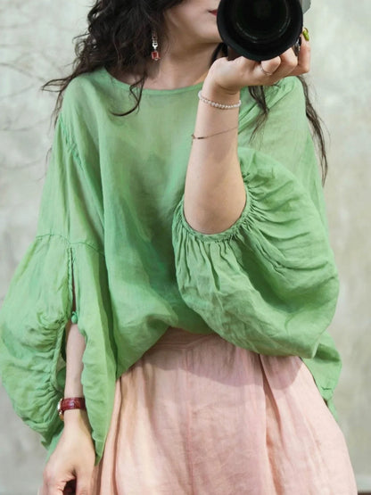 Elegant round Neck Lantern Sleeve Shirt Women's Casual Slimming Cotton Linen Fashionable Top High-End Brand New Style