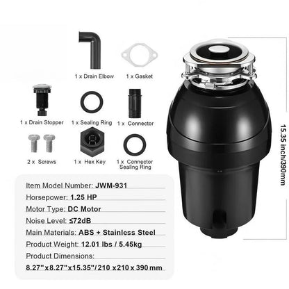 Garbage Disposal, 1.25HP 3360RPM Continuous Feed Food Waste Disposer, EZ Connect Food Waste Grinding System with Sound Reduction, Power Cord & Splash Guard for Kitchen Sinks