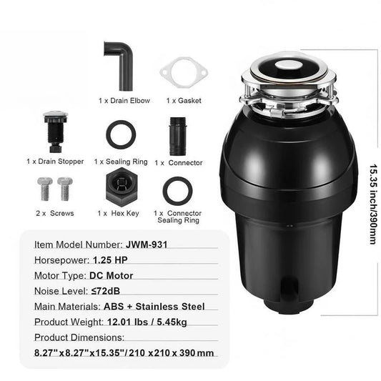 Garbage Disposal, 1.25HP 3360RPM Continuous Feed Food Waste Disposer, EZ Connect Food Waste Grinding System with Sound Reduction, Power Cord & Splash Guard for Kitchen Sinks