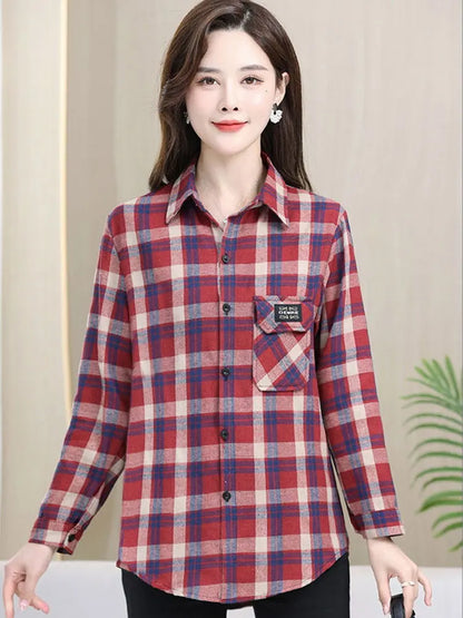 Loose Long Sleeve Mom Shirt Women's New Style Slimming Age-Defying Outerwear Versatile Early Autumn Plaid Outfit  Collar