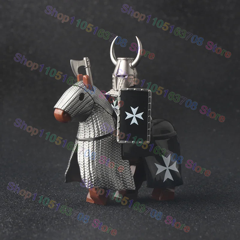 MOC Medieval Military Crusader Knight Building Blocks Castle Army Soldier Figure Horse Mount Shield Sword Accessories Bricks Toy
