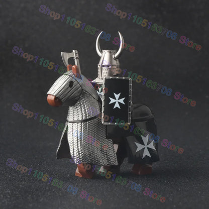 MOC Medieval Military Crusader Knight Building Blocks Castle Army Soldier Figure Horse Mount Shield Sword Accessories Bricks Toy