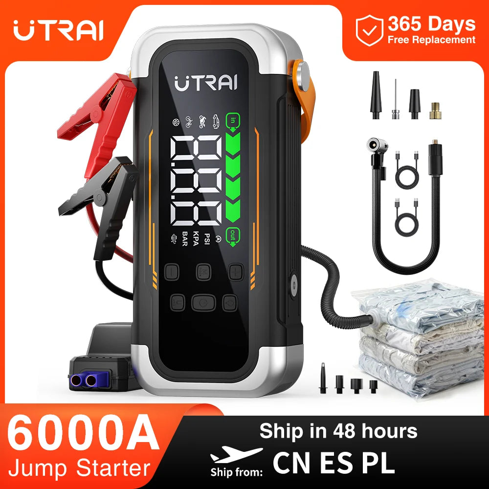 UTRAI 5 in 1 6000A Car Jump Starter 150PSI Air Pump PD30W Power Bank High-speed Airflow Dualmode For kayakingCar Battery Booster