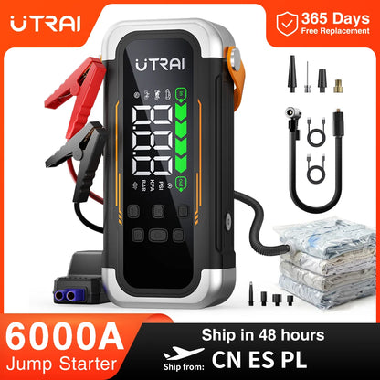 UTRAI 5 in 1 6000A Car Jump Starter 150PSI Air Pump PD30W Power Bank High-speed Airflow Dualmode For kayakingCar Battery Booster