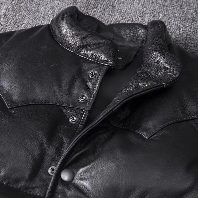 Men's Slim Fit Leather Jacket Sheepskin down Vest Thick Warm Short Flight Suit for Autumn And Winter