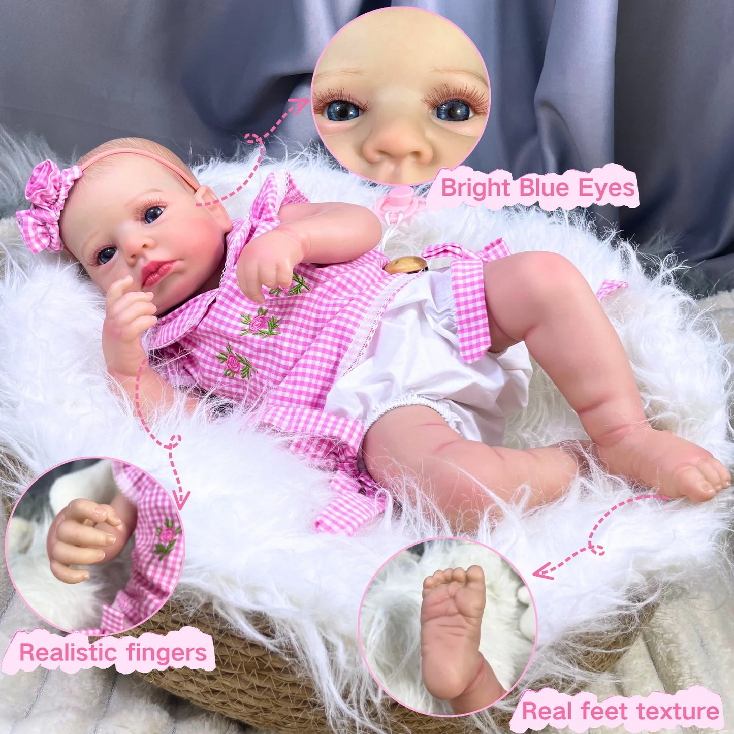 MRB 20Inch  Reborn Baby Doll LouLou Awake Princess Girl Open Blue Eyes 3D Skin Visible Veins Collectible Doll Toy Christmas Gift