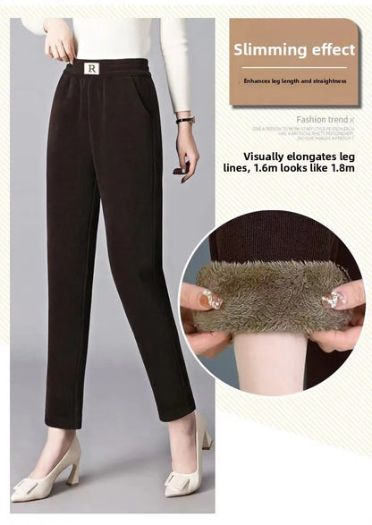 Autumn Winter Thickened Fleece Harlan Pants Women's Loose Casual Straight Leg Pants with Pockets Polyester Fiber Long Trousers