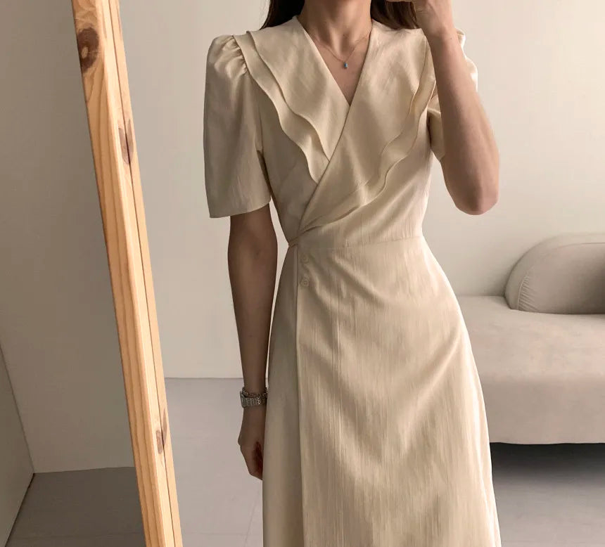 Retro Double Layered Collar Bubble Sleeve  Dress Elegant Short Sleeve V Neck Summer Casual Women's Dress